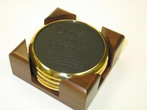 4 Round Solid Brass Coasters w/Solid Walnut Wood Square Stand